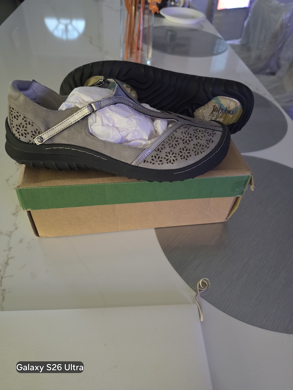 Jambu Gray Laser-Cut Mary Jane Loafers with Metallic Strap